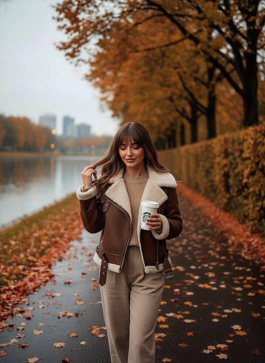 A woman in a brown shearling aviator jacket holds a coffee cup, walking along a riverside path lined with golden autumn trees.