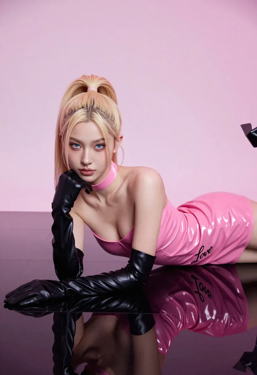 Young Woman With Platinum Blonde Hair Tied High Ponytail Lies