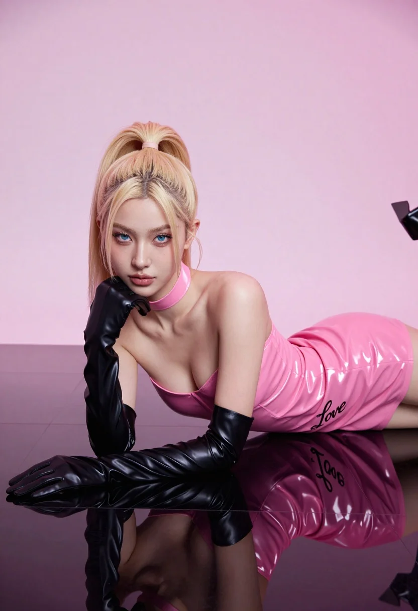Young Woman With Platinum Blonde Hair Tied High Ponytail Lies