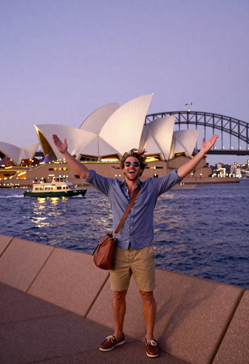 Pulsing Sydney Opera House Selfie Scene Exhilarated Tourist Man Harbour reference photo