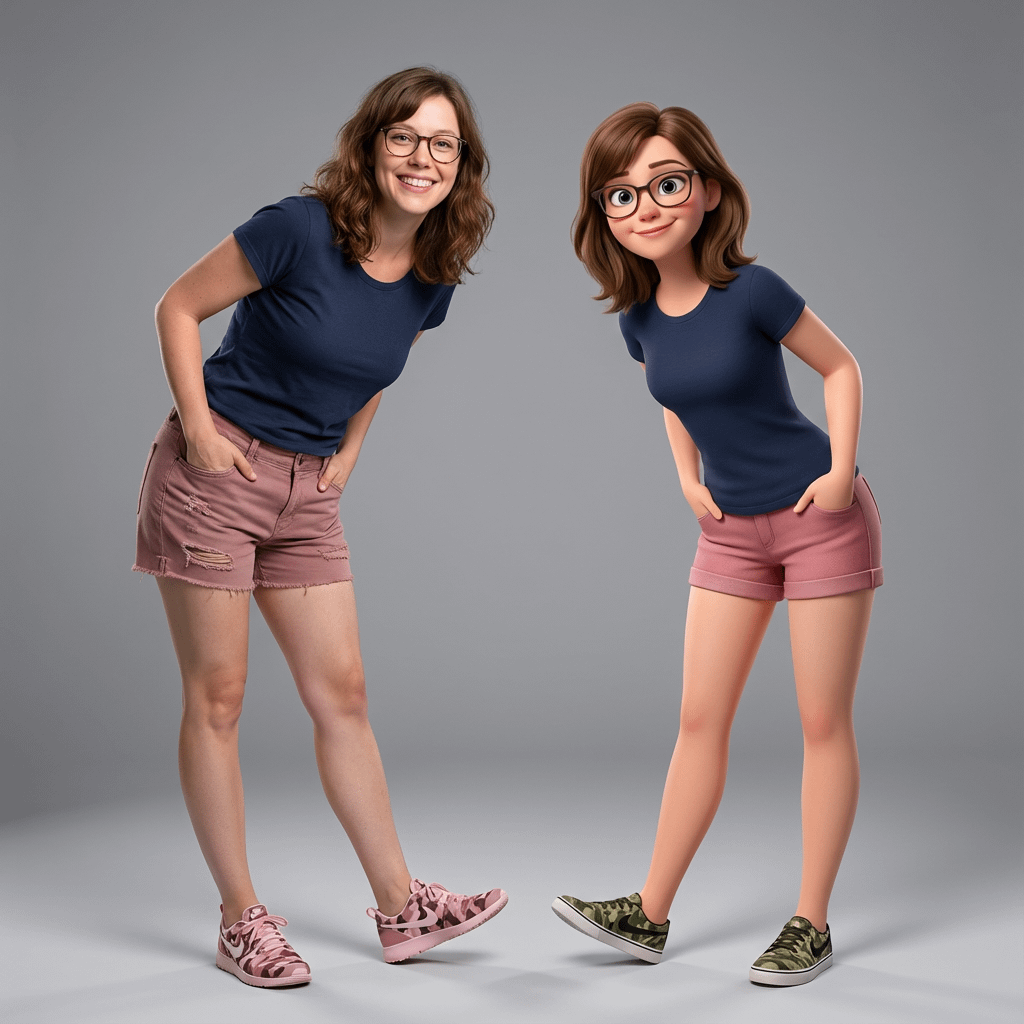 Two Cheerful Women Studio Portrait Pink Outfit Gray Background