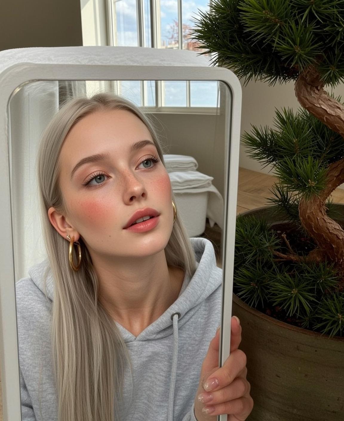 Woman With Gold Hoops Holds Mirror Reflection
