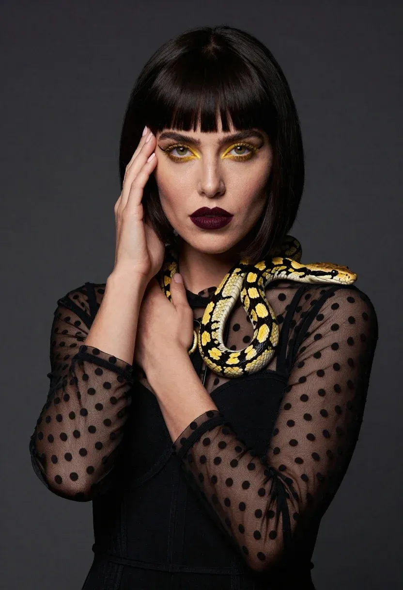 High-fashion Portrait Woman With Dark Hair And Bangs Against Solid