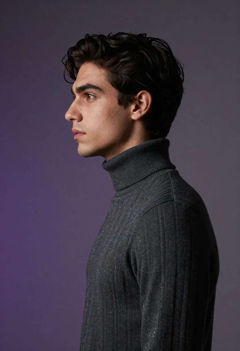 Young Man With Dark Wavy Hair Shown Profile Against Moody
