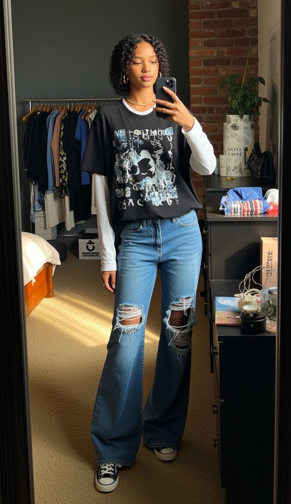 Girl In Bedroom With Sunbeams And Ripped Jeans