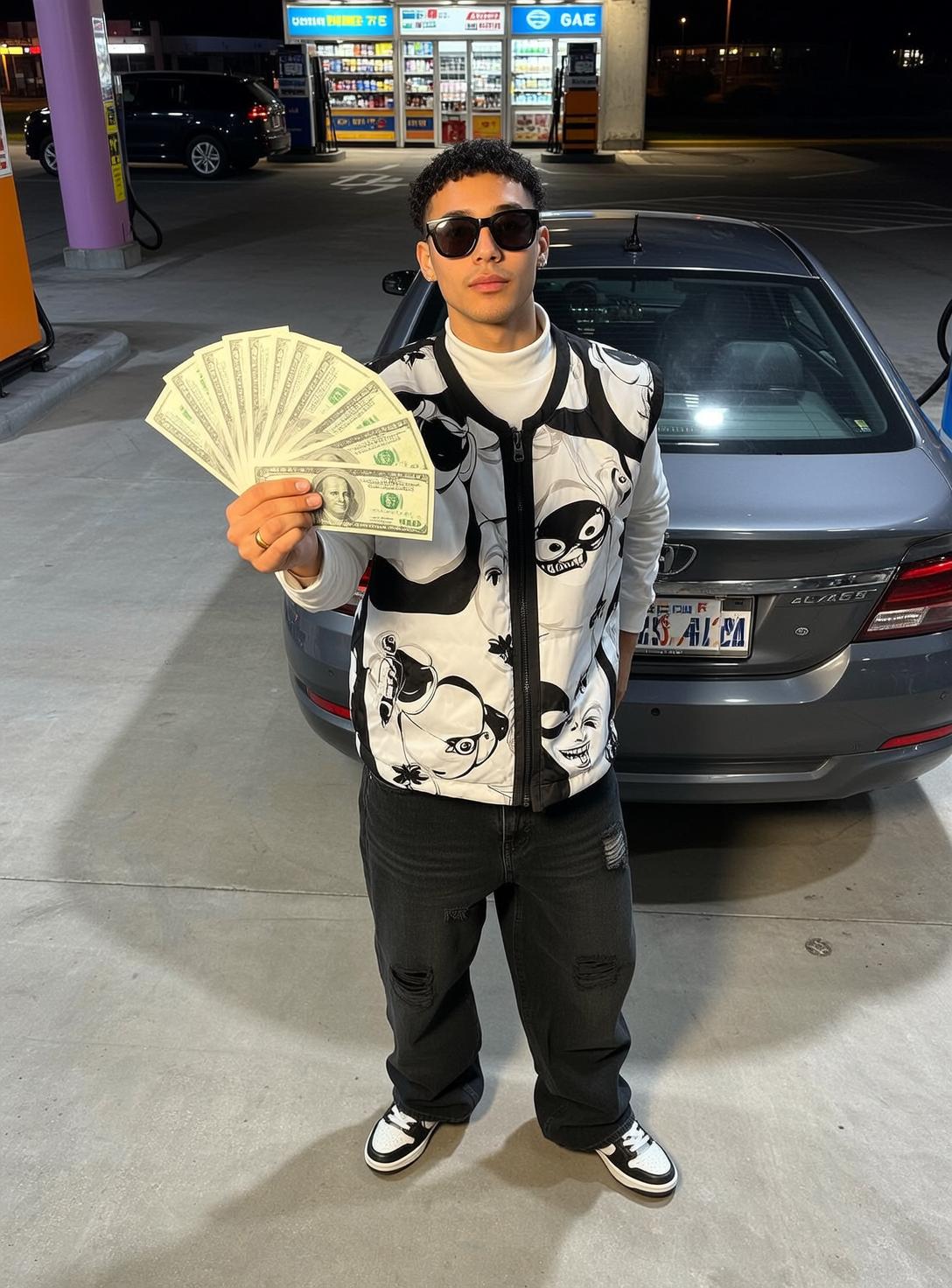 Explore Stands Facing Holding Fan Dollar Bills