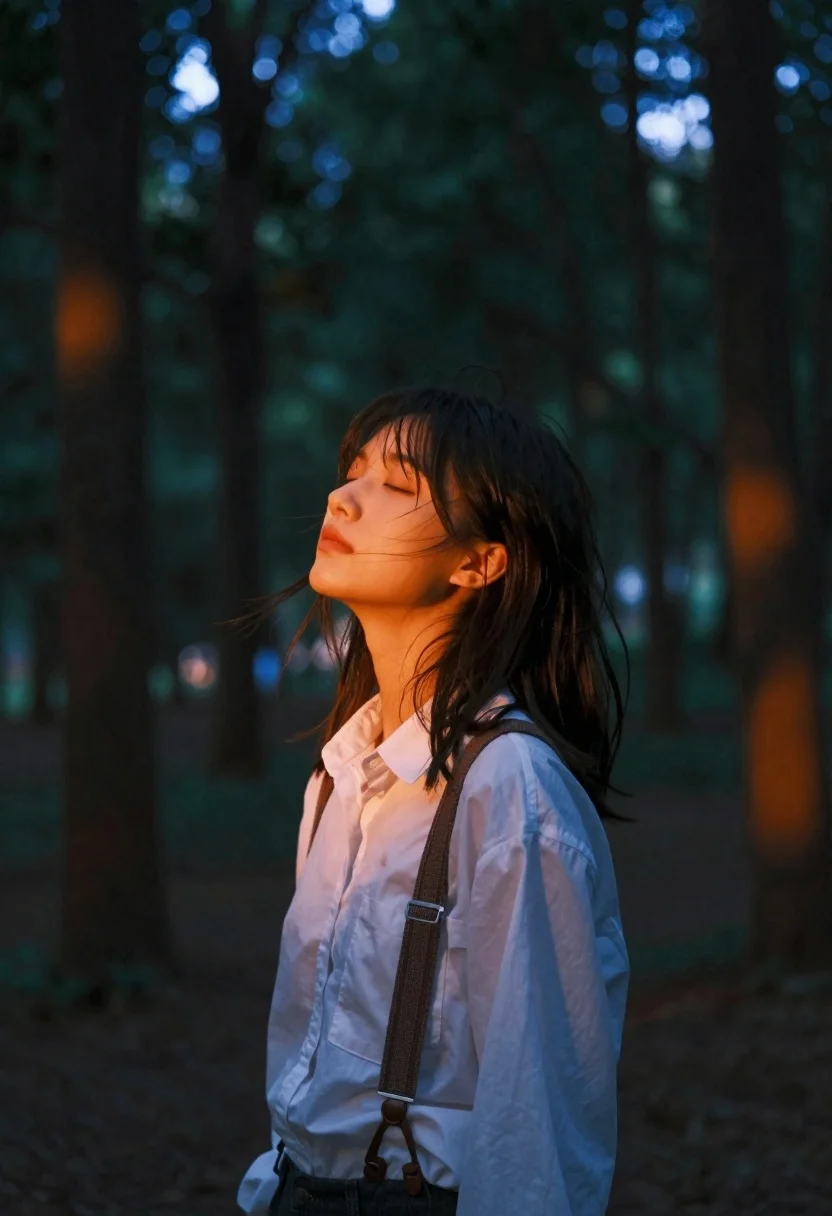 A young woman stands in a dimly lit forest with her eyes closed, warm light beams filtering through the trees.