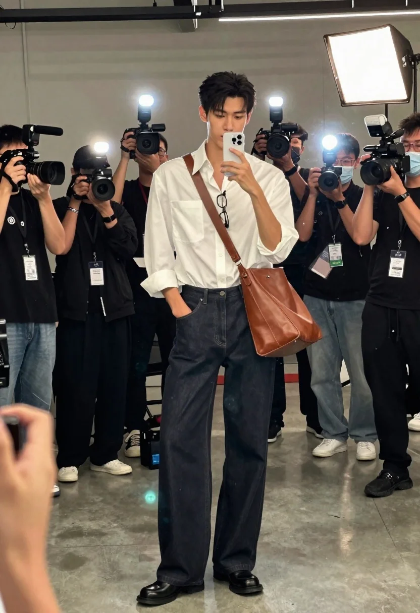 A tall man taking a mirror selfie surrounded by numerous photographers and videographers with cameras and bright flashes.