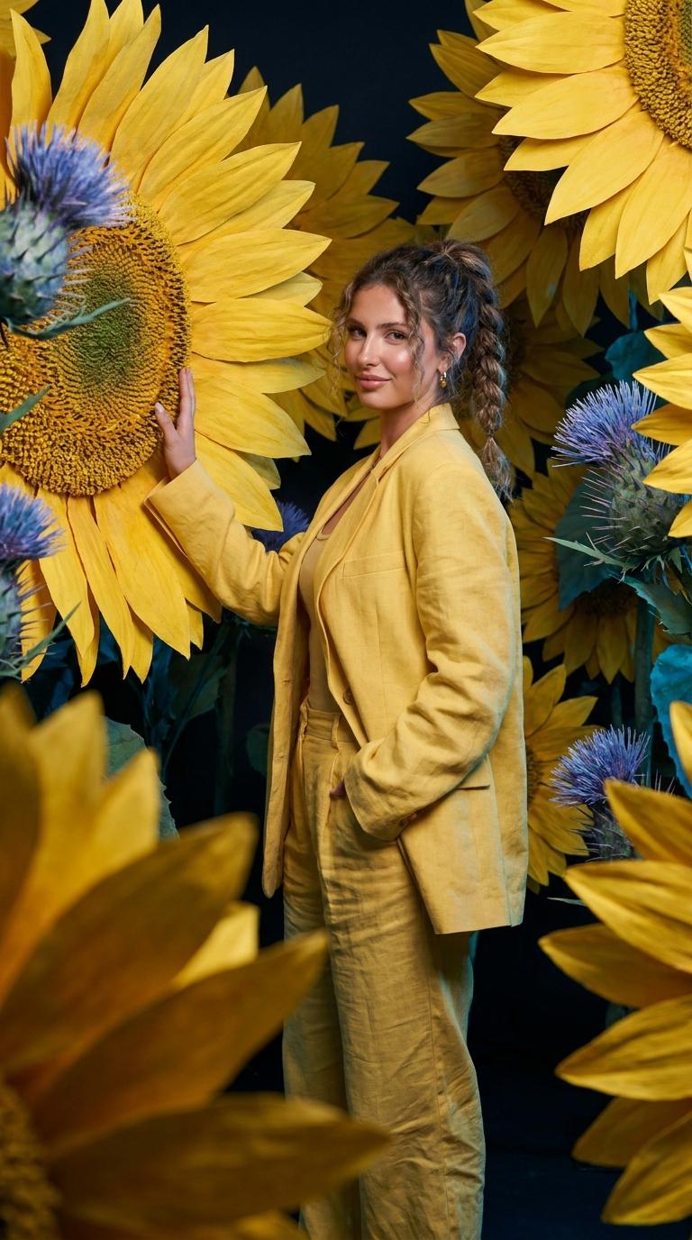 Fashion Portrait Art Installation Sunflowers Thistles