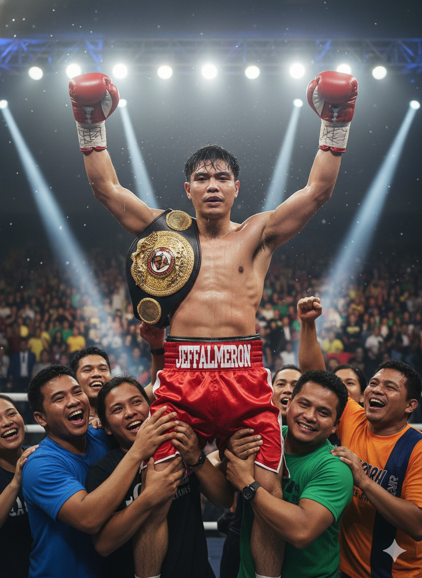 A victorious boxer is lifted by a jubilant crowd in a brightly lit arena, arms raised with red boxing gloves and a championship belt gleaming.