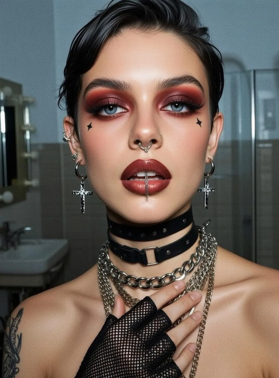 Tattoos Piercings Makeup Earrings And Necklace In Bathroom Portrait
