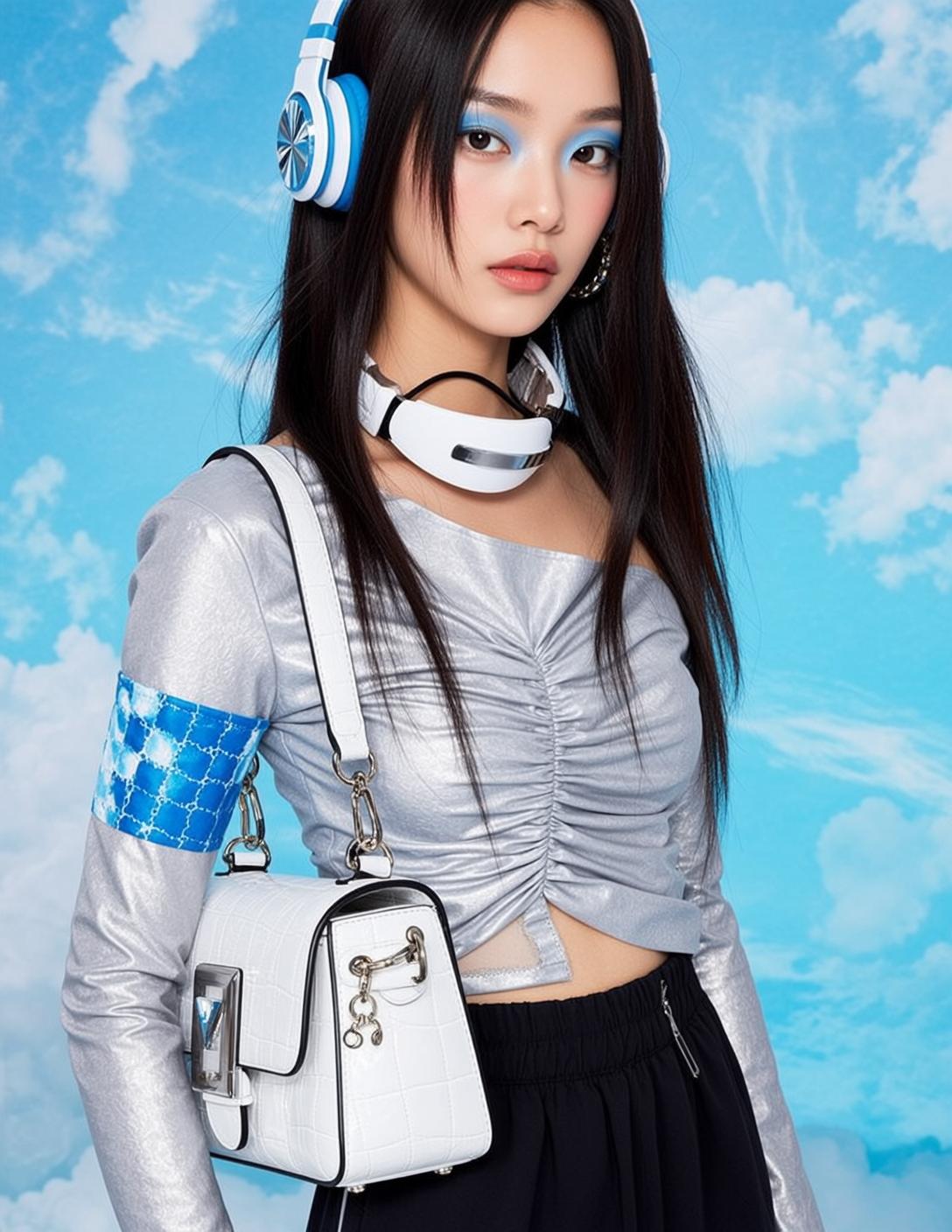 White Headphones White Silver Long Sleeved Studio Plain Blue