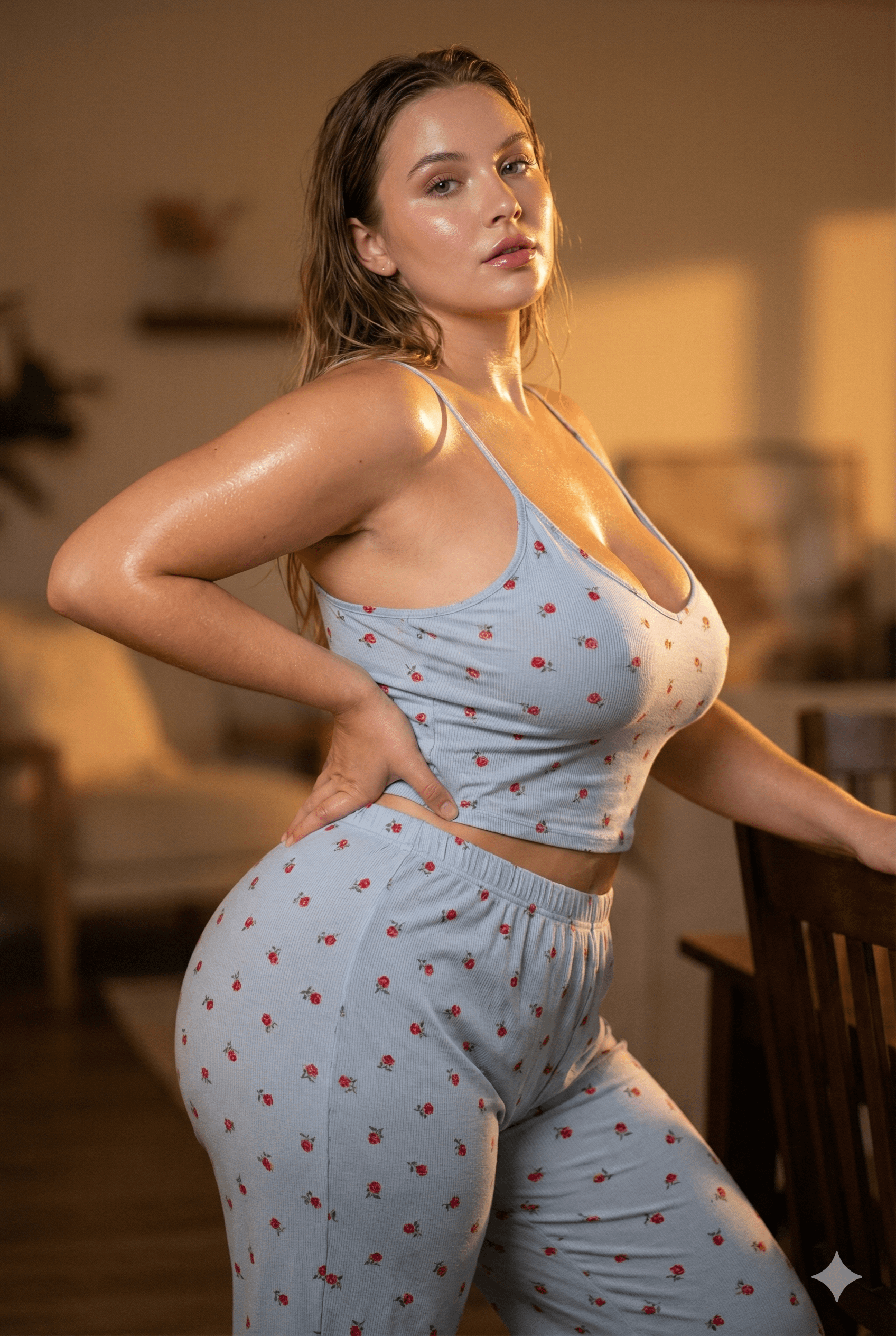 A woman in light blue ribbed pajamas with a rose pattern leaning against a dark wood chair, her skin glistening under warm light.