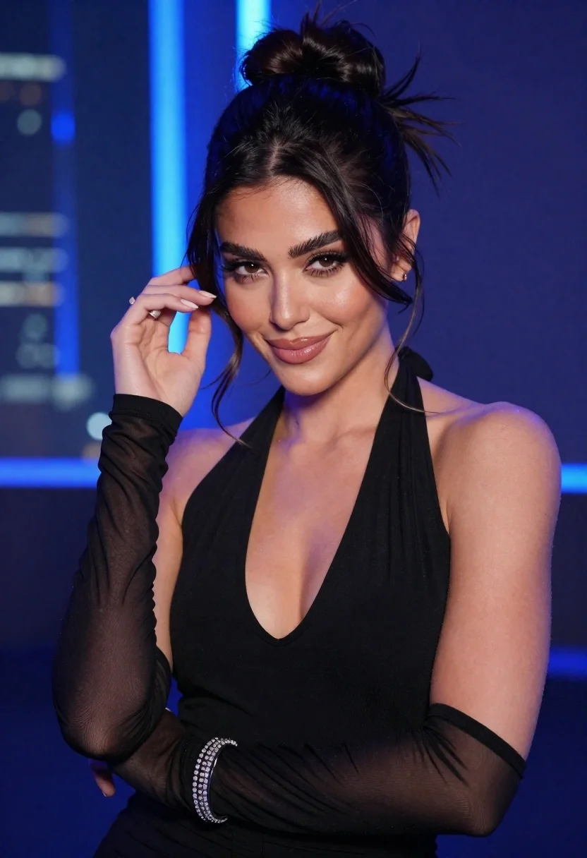 Glamorous Woman Posing Confidently Dimly Lit Setting With Blue Ambient reference photo