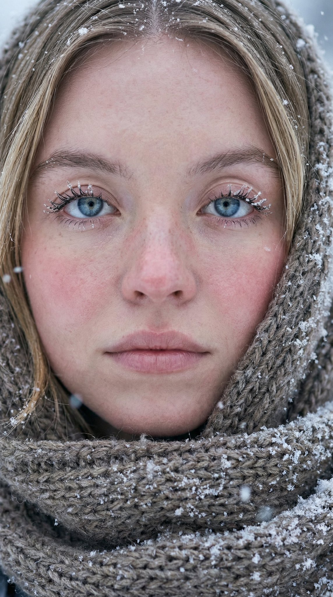 Close-up portrait of a young woman with pale porcelain skin and striking hazel-green eyes, surrounded by falling snowflakes.
