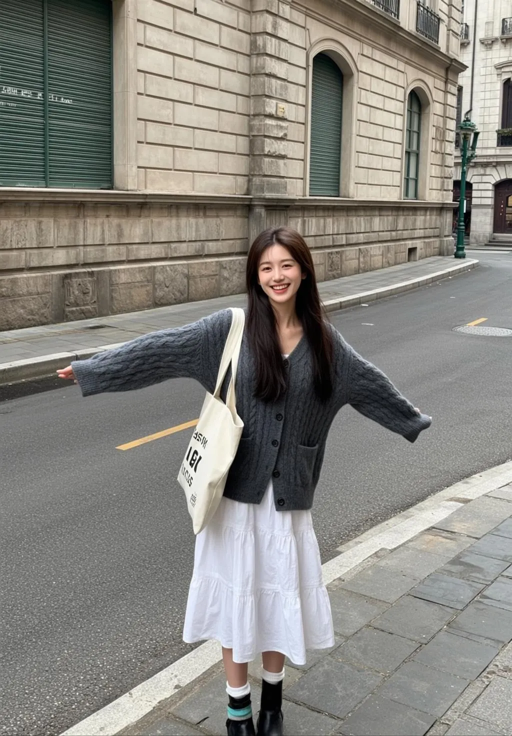 Grey Cardigan White Midi Dress