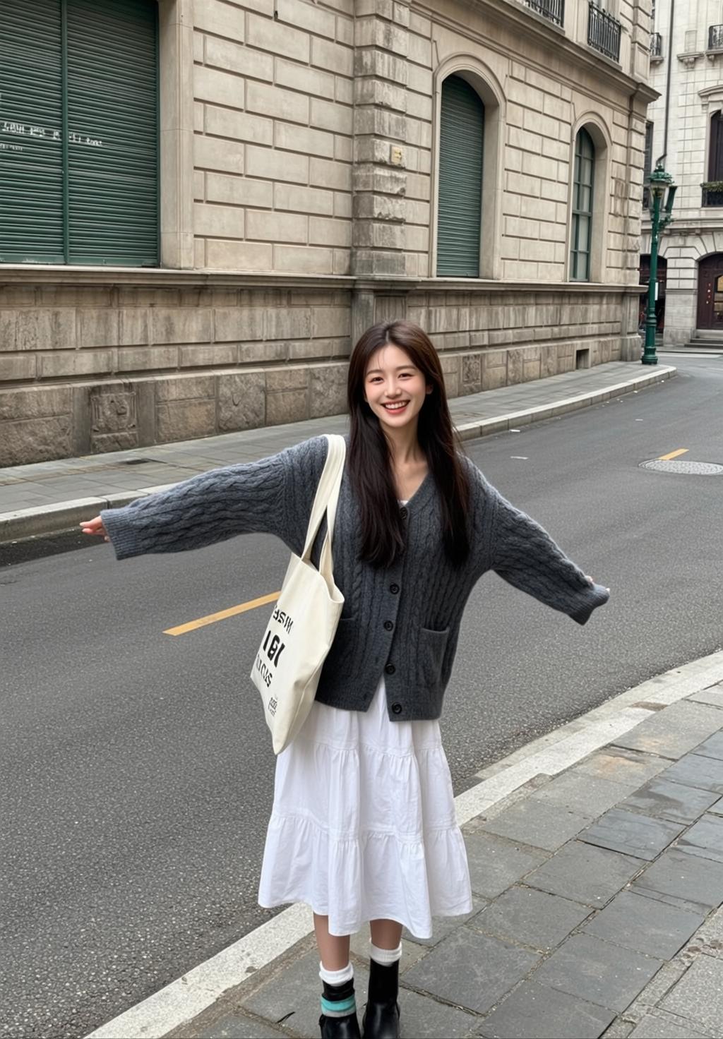 Grey Cardigan White Midi Dress