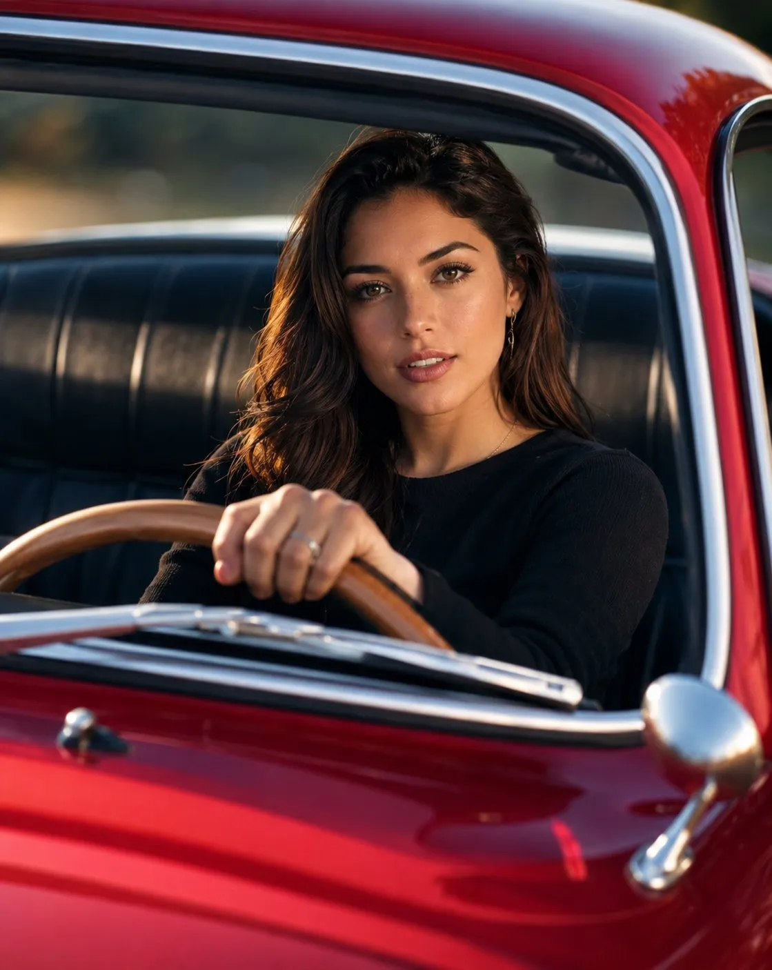 Vintage Red Car Golden Hour Lighting
