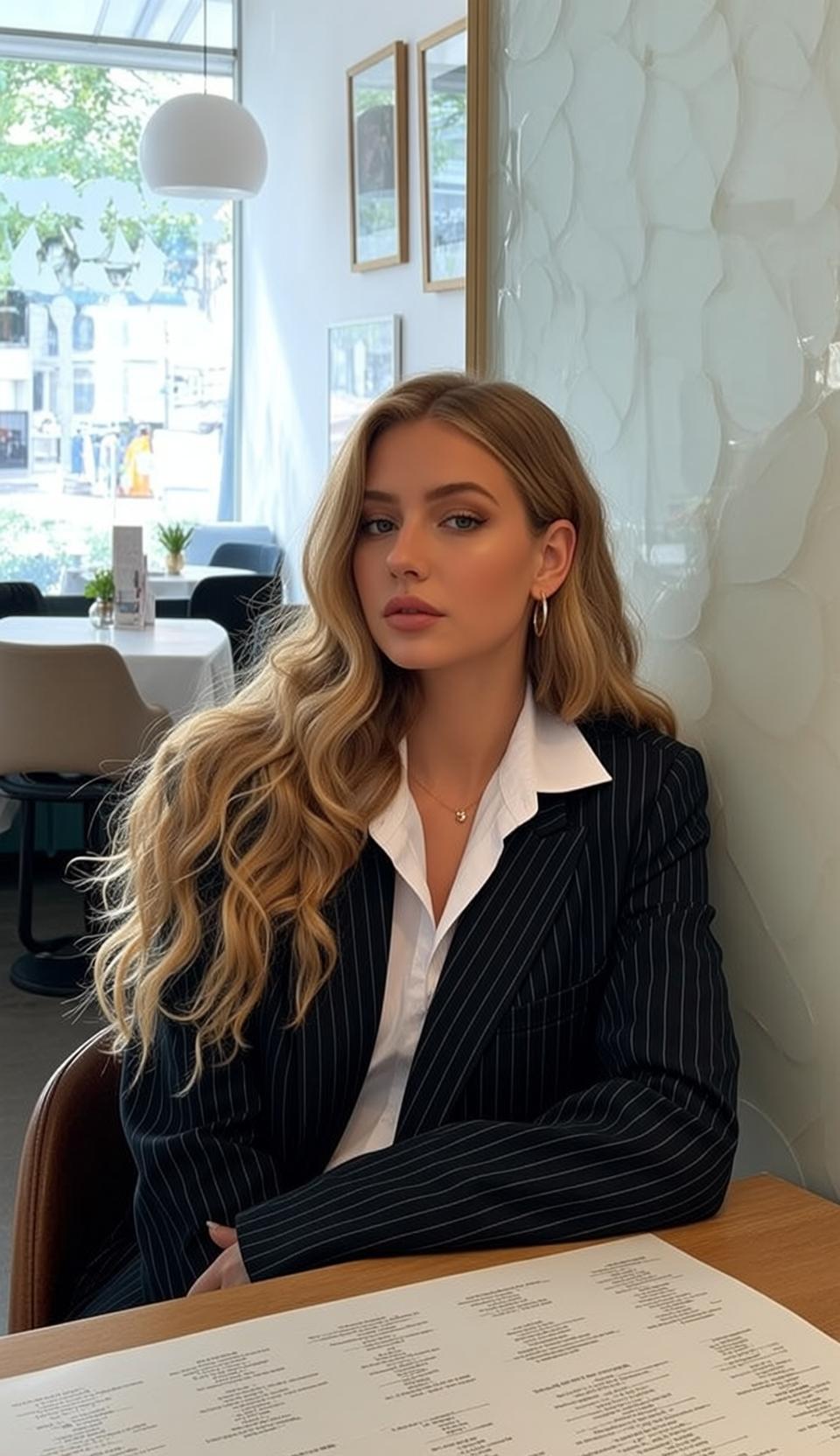 Cafe Blonde Woman White Shirt Pinstripe Jacket