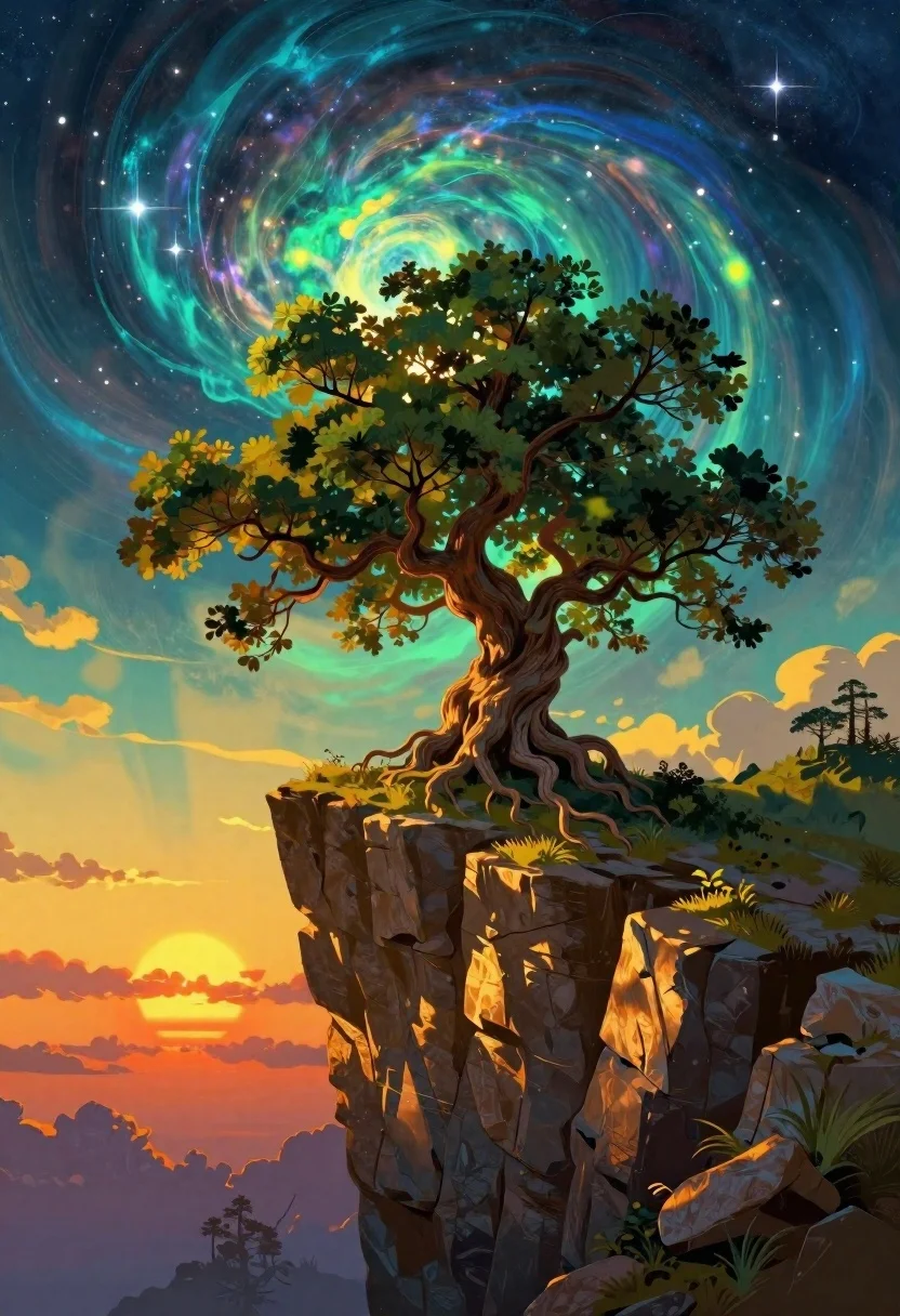 Surreal Digital Painting Gnarled Ancient Tree Rooted Atop Jagged Cliff reference photo