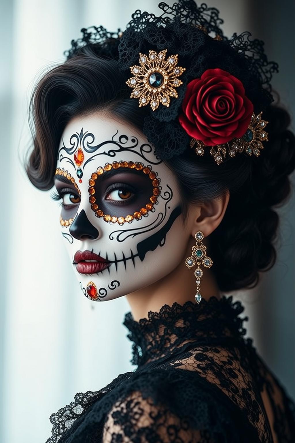 Halloween Makeup Sugar Skull Dark Styled Updo