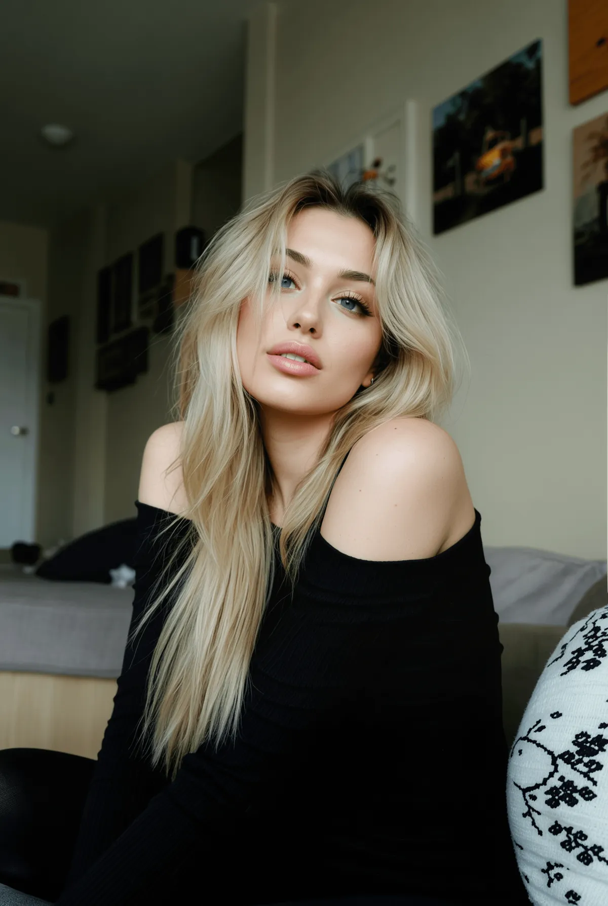 Bedroom Portrait Long Layered Hair Off Shoulder Top