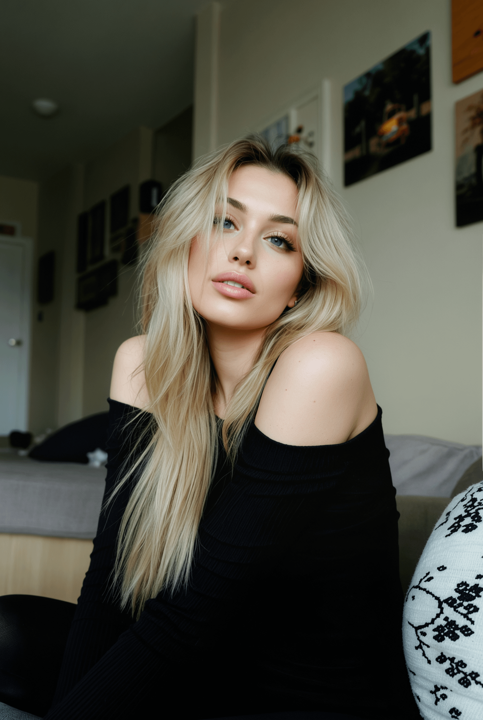 Bedroom Portrait Long Layered Hair Off Shoulder Top