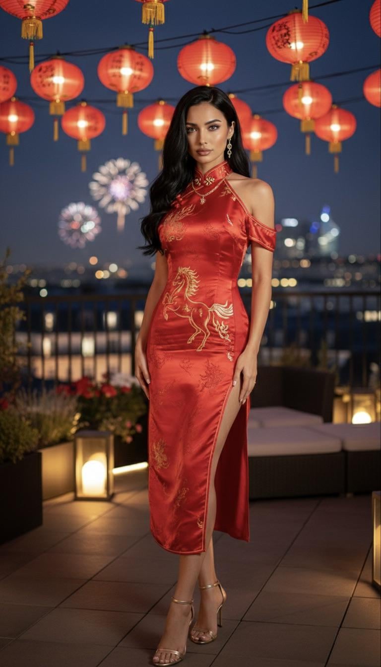 Rooftop Terrace Lunar New Year Celebration Red Cheongsam Night