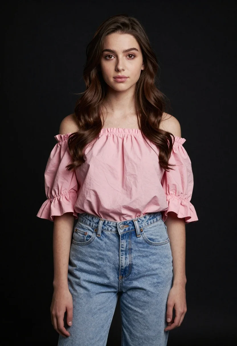 Full-body Portrait Young Woman With Long Wavy Brown Hair And reference photo