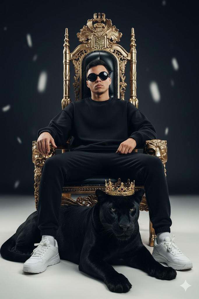 Futuristic editorial portrait of a man in oversized black hoodie sitting on a black and gold throne, with a crowned black panther.
