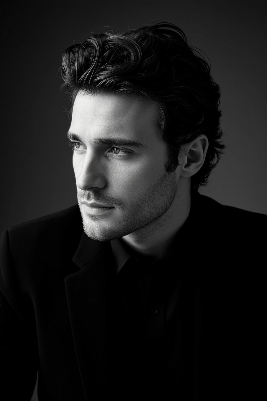 Black And White Medium Shot Portrait Young Man With Dark