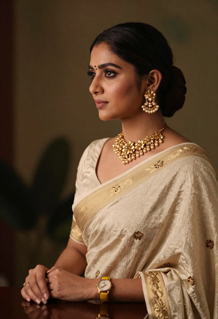 Woman Profile Wearing Cream-colored Saree And Elaborate Gold Jewelry With reference photo