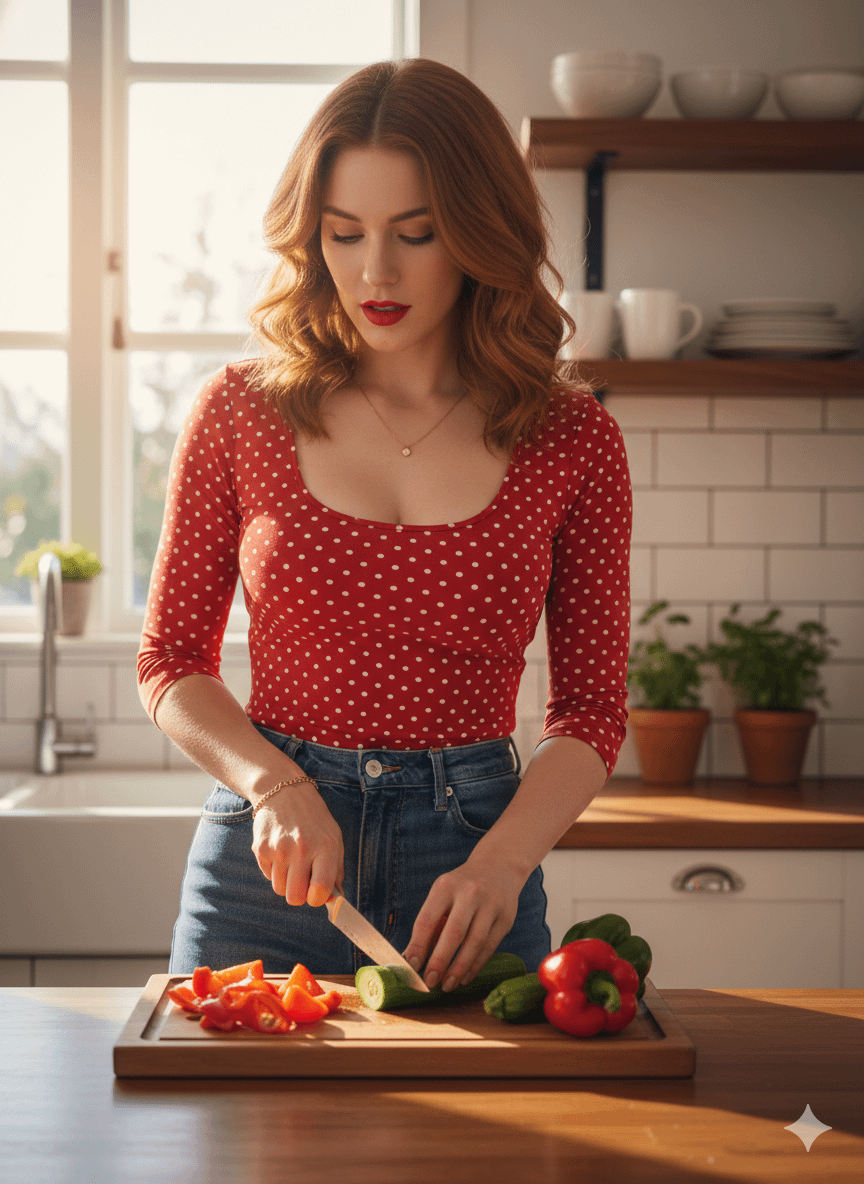 Sunlit Kitchen Slicing Cucumber Red Polka Dot Top