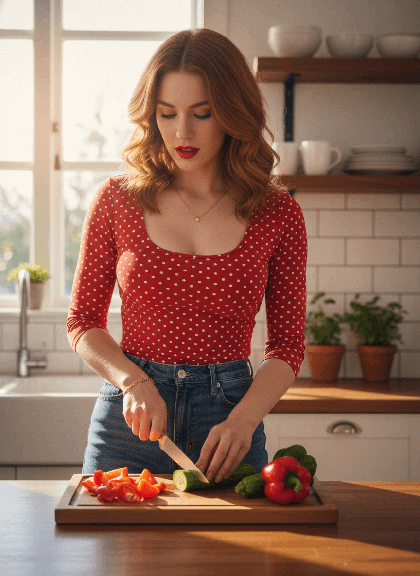 A person in a sunlit kitchen slicing cucumber on a wooden countertop, wearing a red polka dot top and blue jeans.