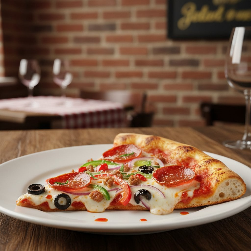 Close-up of a perfectly baked artisan pizza slice with gooey cheese pull against a rustic background.