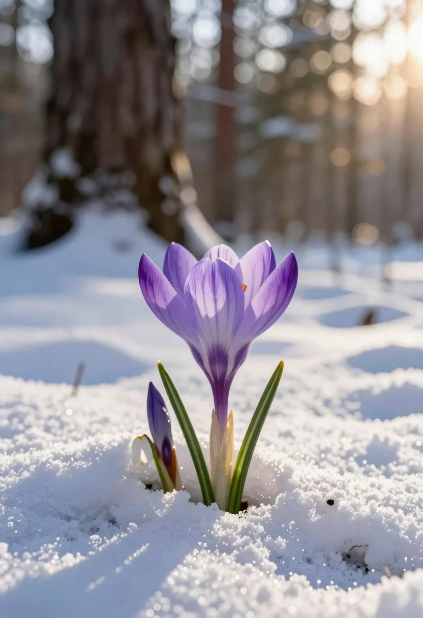 Hyperrealistic Close-up Single Purple Crocus Emerging From Deep Snow Winter reference photo