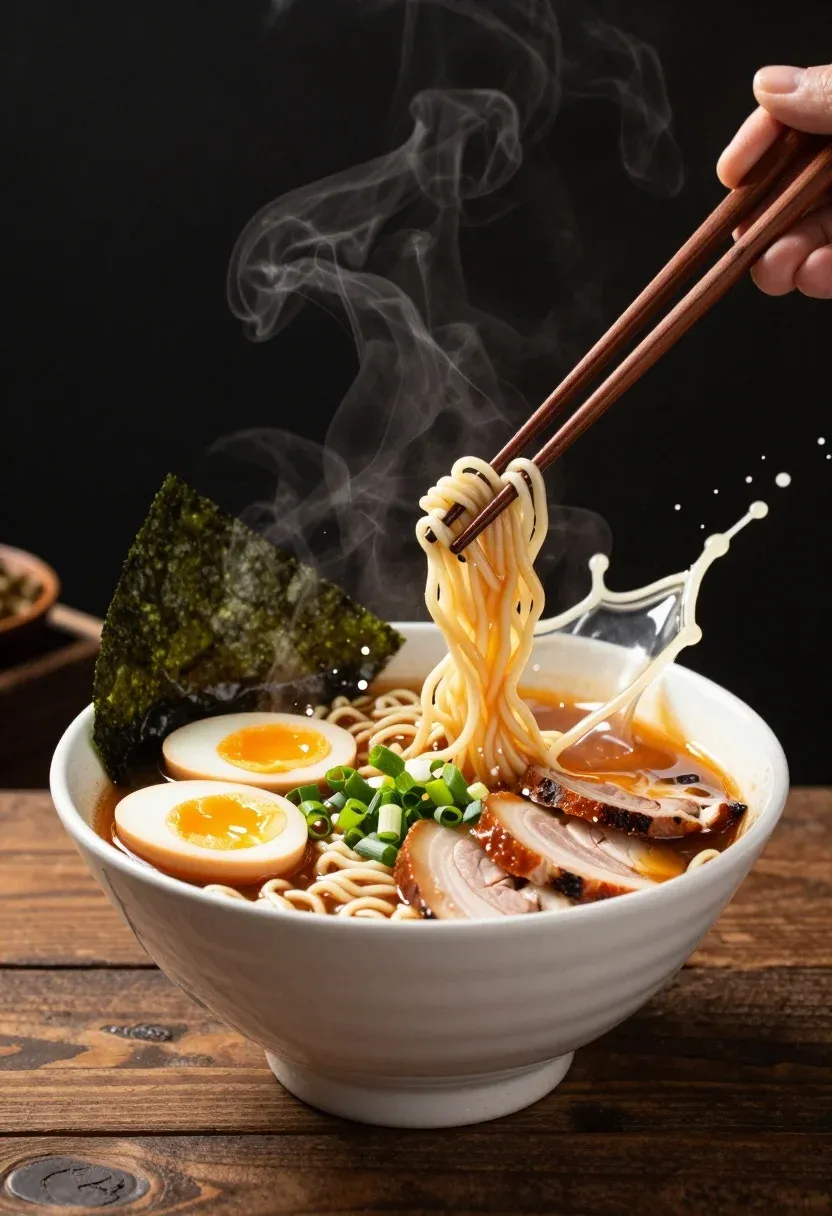 Steaming Bowl Ramen Erupting Dynamic Splash Broth And Toppings Against
