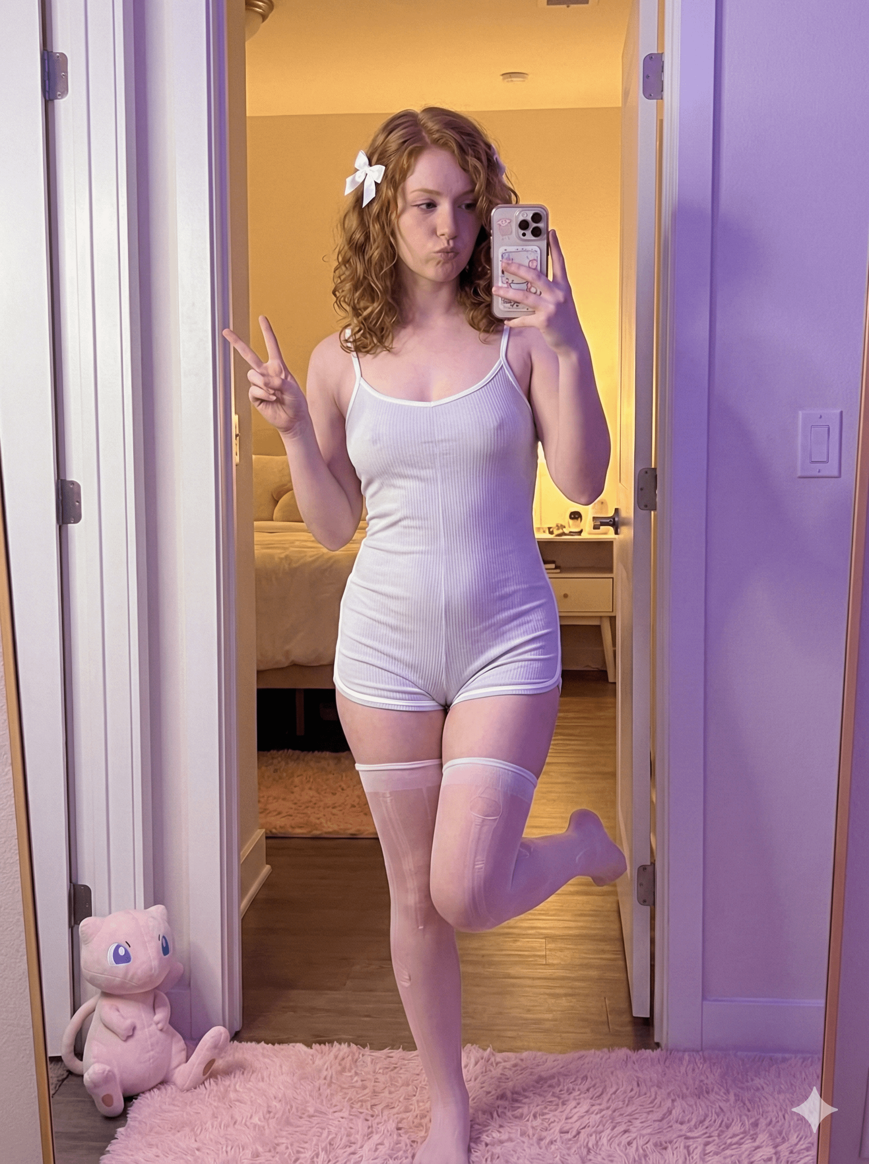 A woman in a white romper poses in a doorway, holding a smartphone for a mirror selfie.