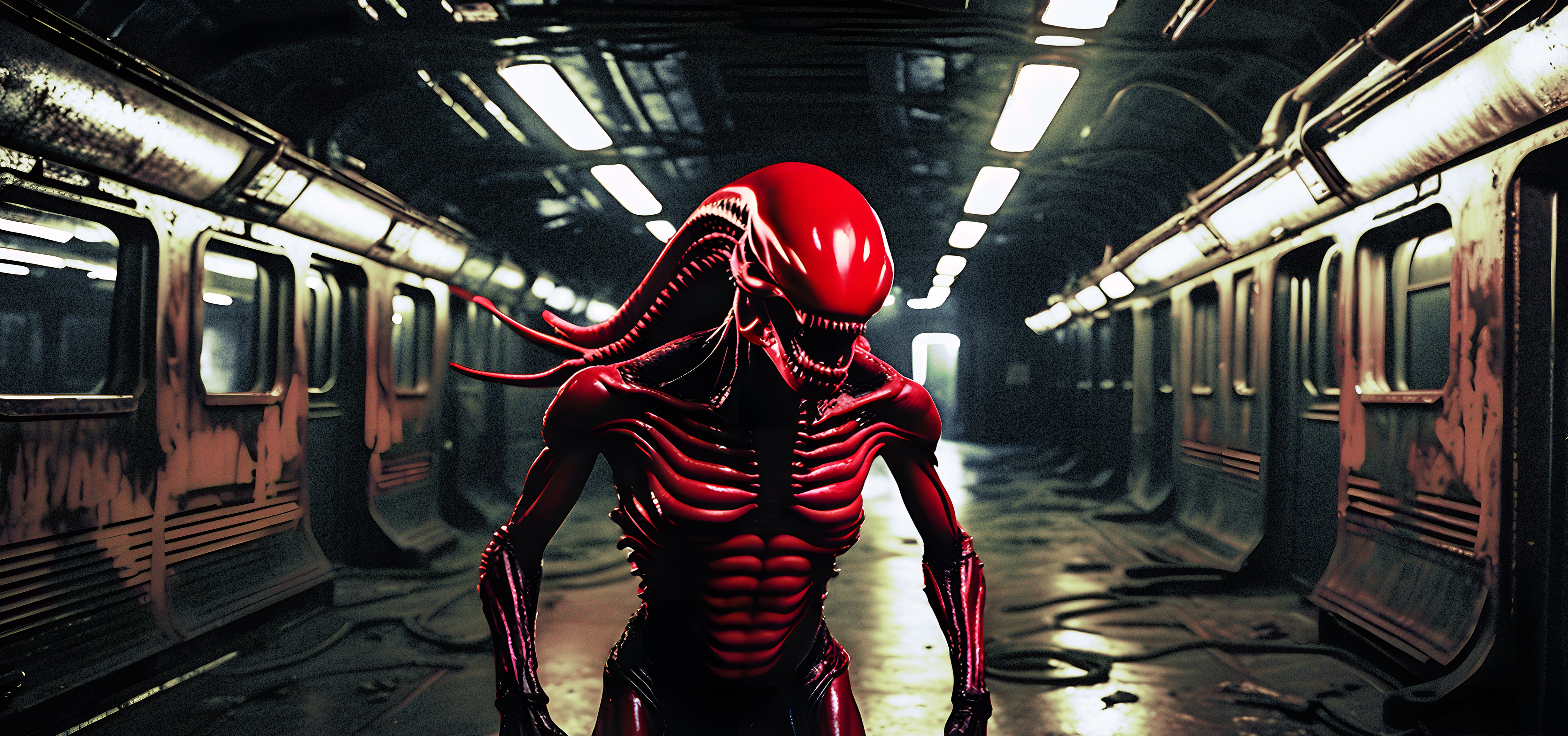 Biomechanical Xenomorph In Derelict Subway Car