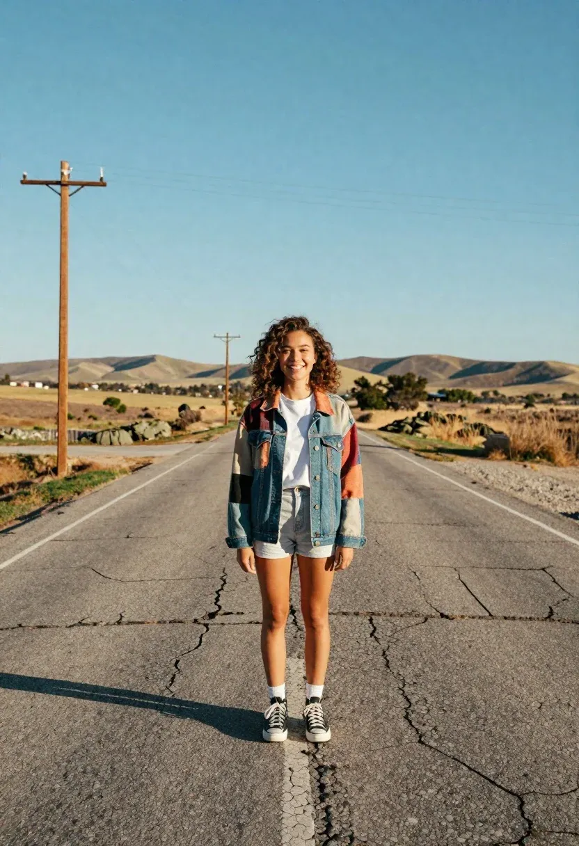 Young Woman With Curly Brown Hair Stands Smiling The Middle