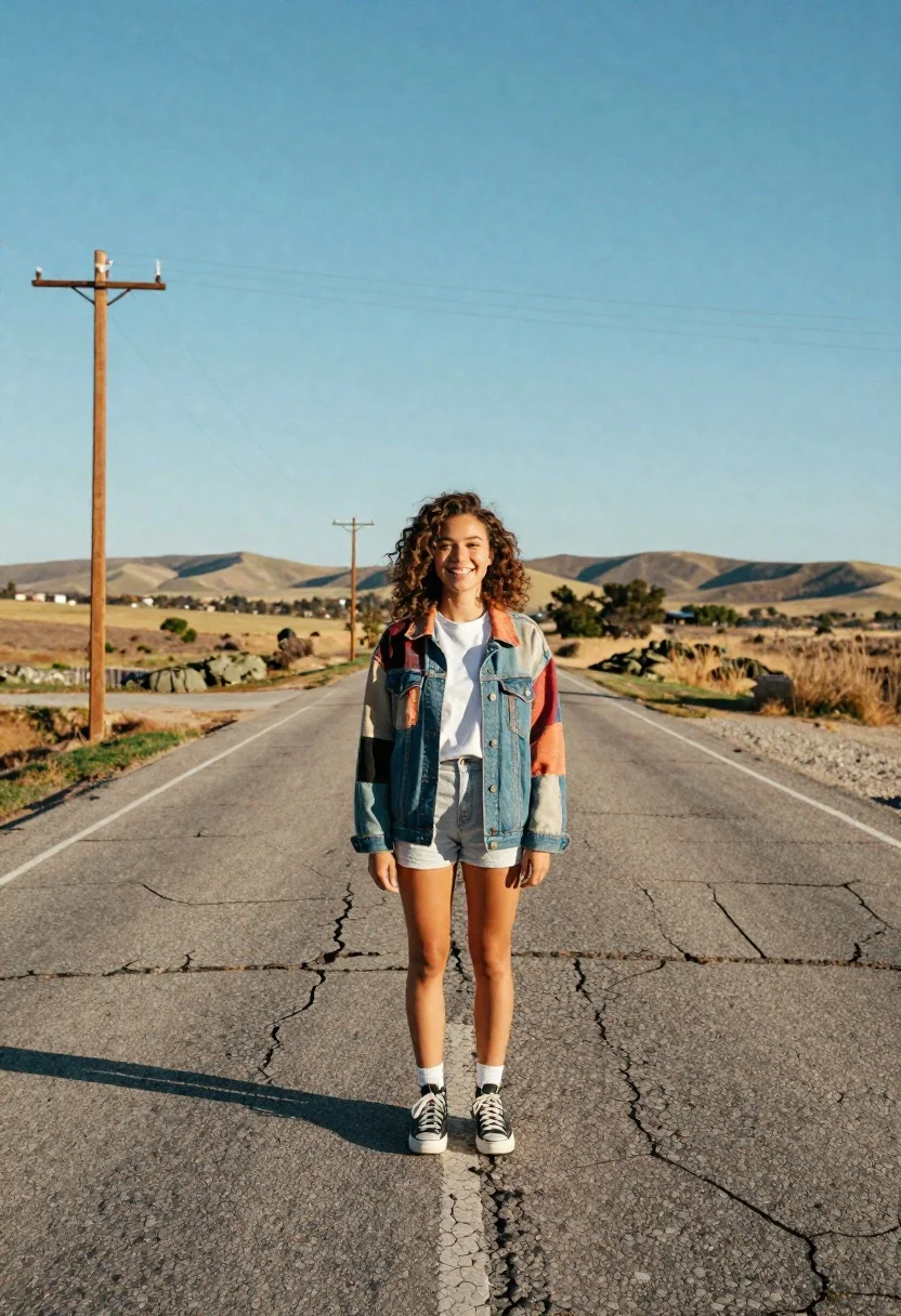 Young Woman With Curly Brown Hair Stands Smiling The Middle reference photo