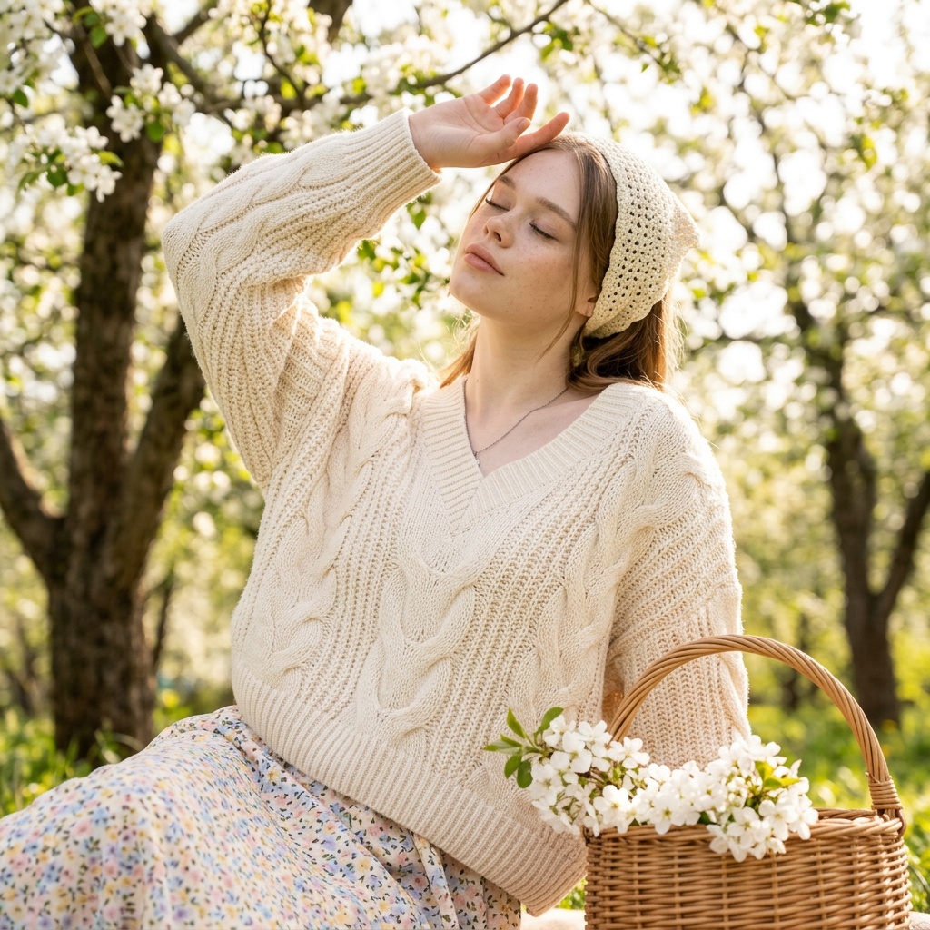 A calm woman in a cream sweater poses in a sunlit spring orchard, surrounded by blooming flowers and green trees, eyes closed.