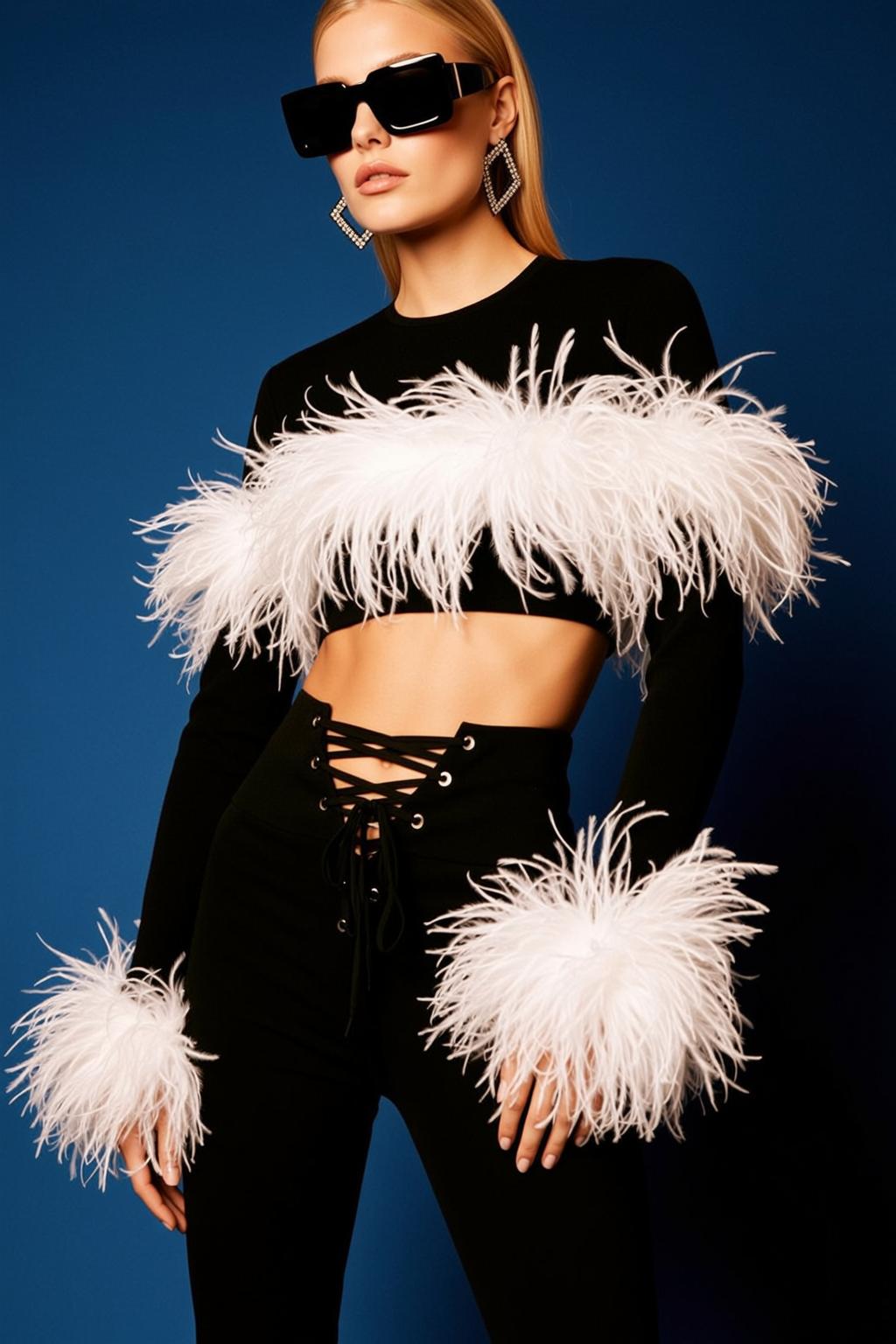 Ostrich Feather Top Black Pants Hip Pose