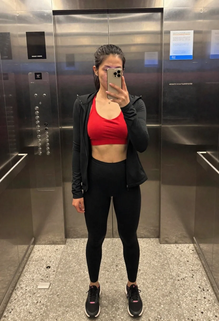 Woman Takes Mirror Selfie Inside Elevator While Holding Smartphone Her reference photo