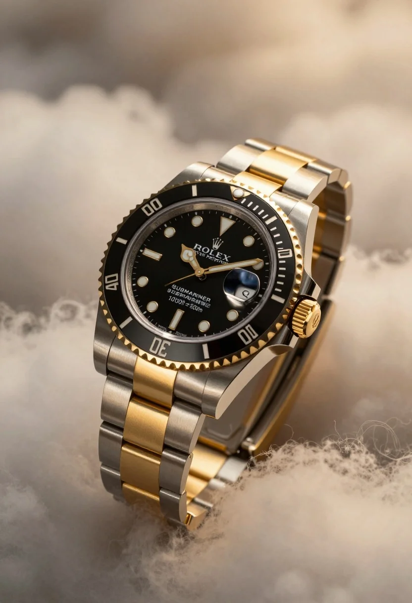 A luxurious Rolex Submariner watch with a black dial and two-tone bracelet floating in soft clouds, illuminated by warm golden light.