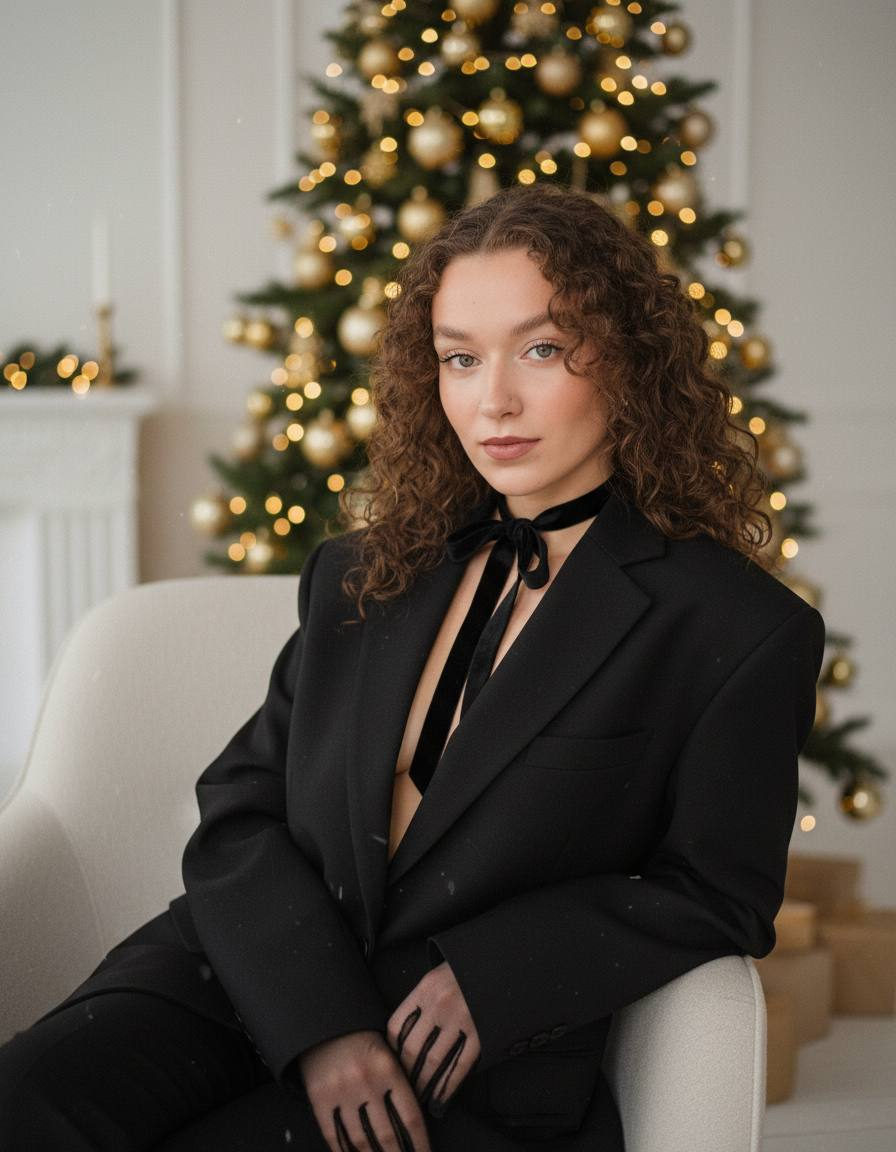 A confident woman in a black oversized blazer with a deep neckline, seated in a light chair, with a softly blurred Christmas tree background.