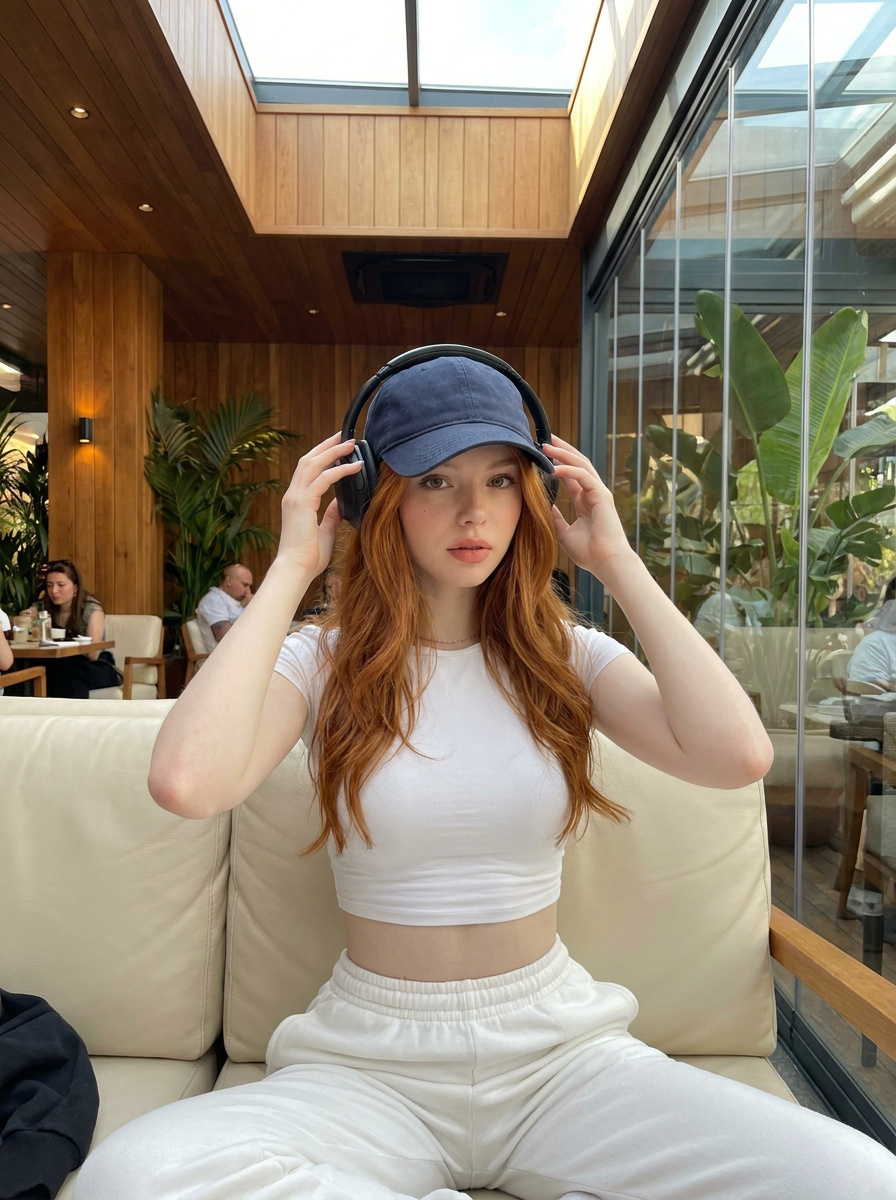 White Outfit Adjusting Headphones In Cafe