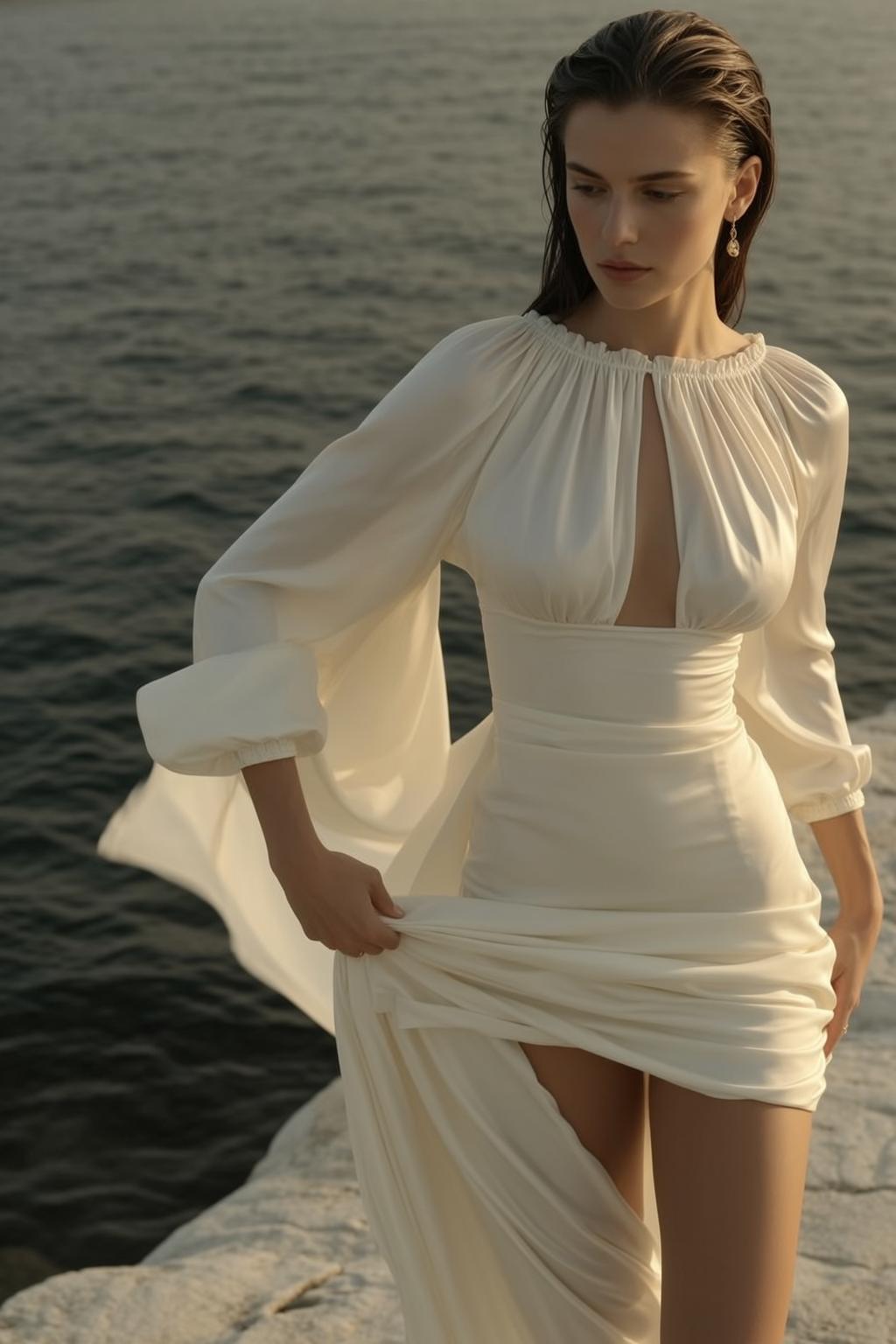 Explore Stands Rocky Shore Her Body Oriented