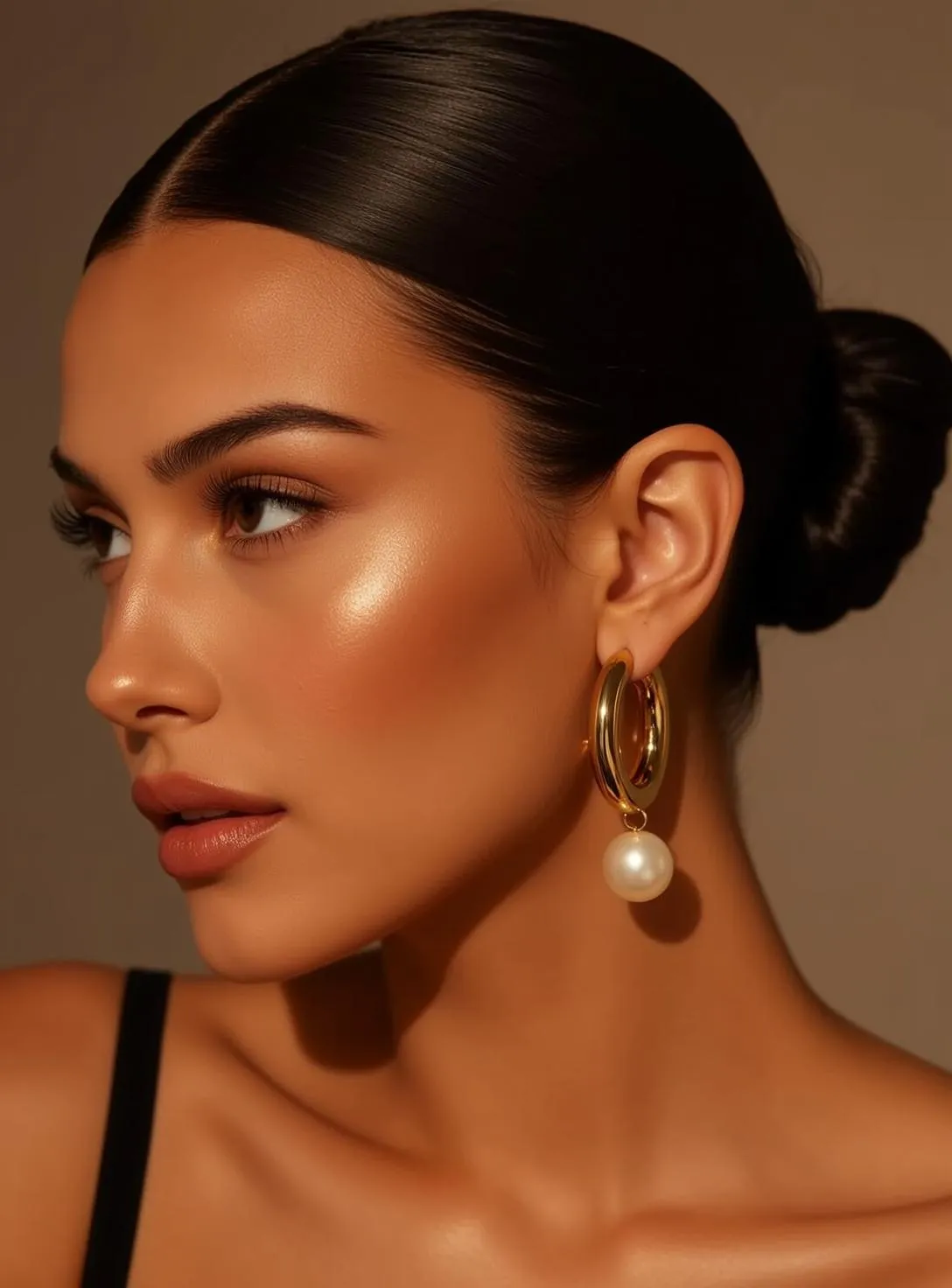 Woman Dark Hair Pearl Earrings Studio Soft Light