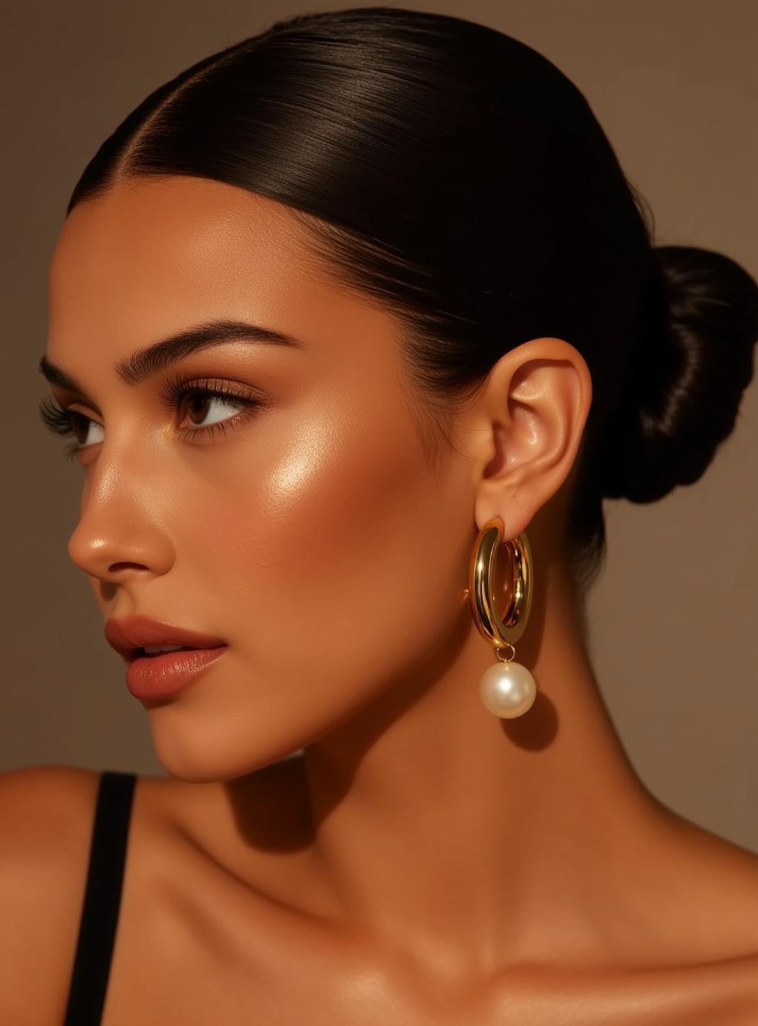 Woman Dark Hair Pearl Earrings Studio Soft Light
